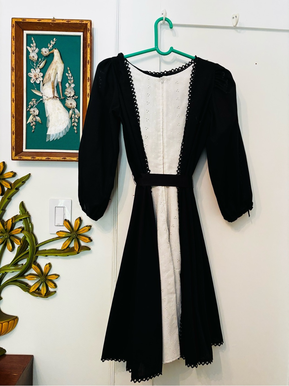 Vintage 1960s Black and White Eyelet Long-Sleeve Square Dancing Dress
